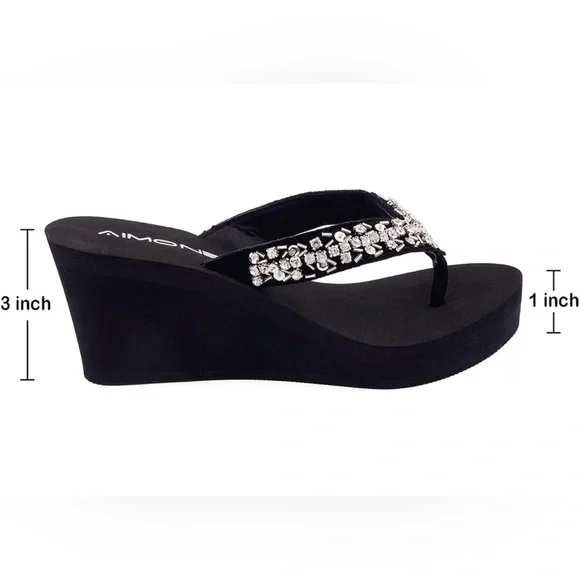 AIMONE-Appoline Wedge Flip Flop Sandals for Women Black Platform Sparkle - Picture 2 of 5